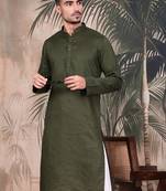 Olive cotton textured kurta for mens
