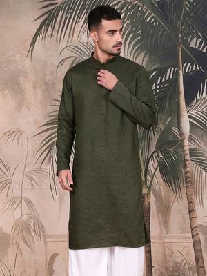 Olive cotton textured kurta for mens 2