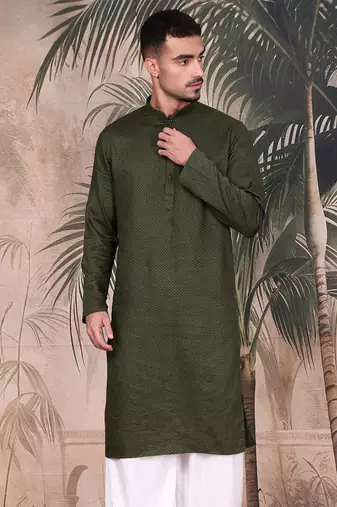 Olive cotton textured kurta for mens