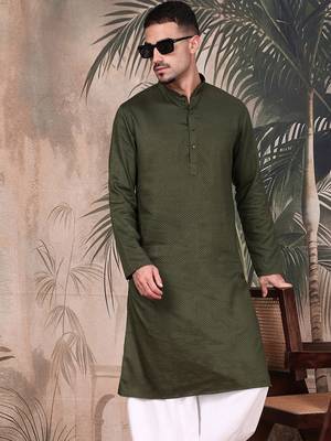 Olive cotton textured kurta for mens 3