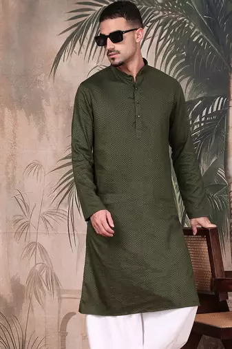 Olive cotton textured kurta for mens