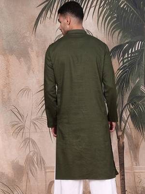 Olive cotton textured kurta for mens 4