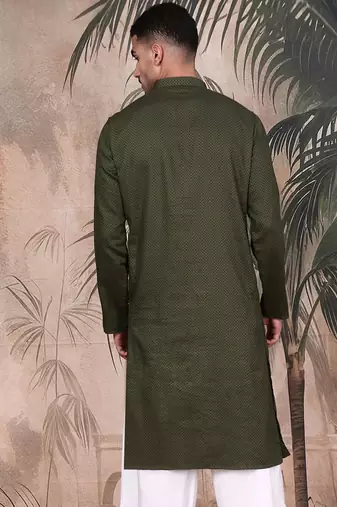 Olive cotton textured kurta for mens