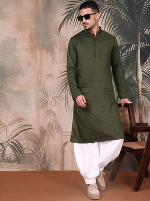 Olive cotton textured kurta for mens 5
