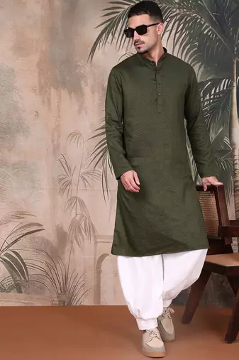 Olive cotton textured kurta for mens