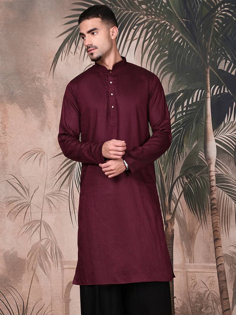 Purple cotton textured kurta for mens