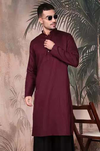 Purple cotton textured kurta for mens
