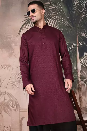 Purple cotton textured kurta for mens