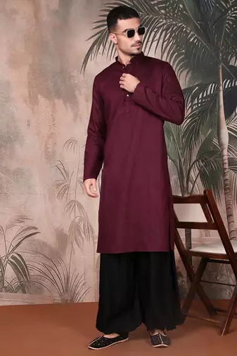 Purple cotton textured kurta for mens