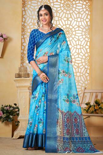  blue floral lilen printed saree comes with matching blouse