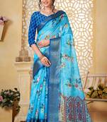  blue floral lilen printed saree comes with matching blouse