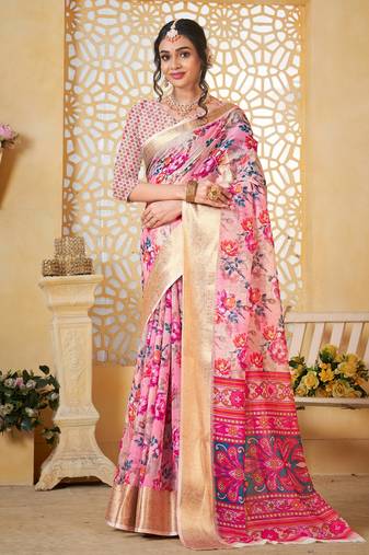  cream floral lilen printed saree comes with matching blouse