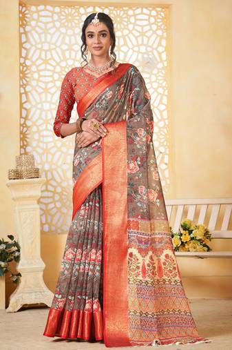  gray floral lilen printed saree comes with matching blouse