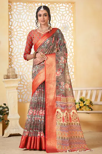  gray floral lilen printed saree comes with matching blouse