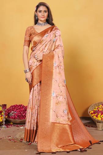  peach floral lilen printed saree comes with matching blouse