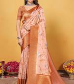  peach floral lilen printed saree comes with matching blouse