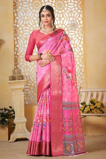  pink floral lilen printed saree comes with matching blouse