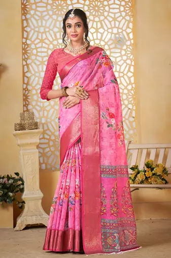  pink floral lilen printed saree comes with matching blouse
