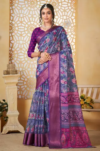  purple floral lilen printed saree comes with matching blouse
