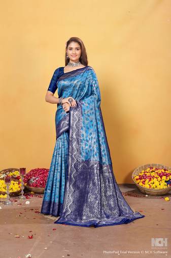  blue novelty zari work kanjivaram woven saree comes with matching blouse