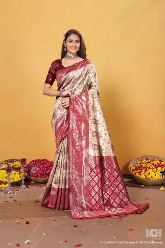  cream novelty zari work kanjivaram woven saree comes with matching blouse