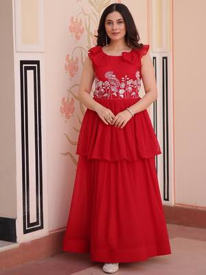 Red Georgette Embroidered Beads Party Wear Gown 1
