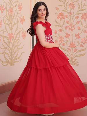 Red Georgette Embroidered Beads Party Wear Gown 3