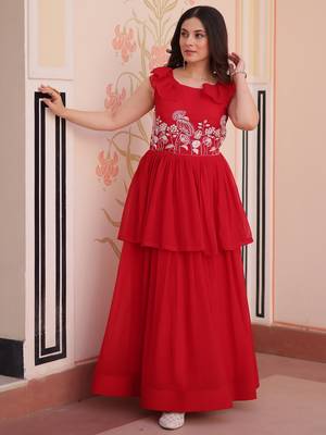 Red Georgette Embroidered Beads Party Wear Gown 4