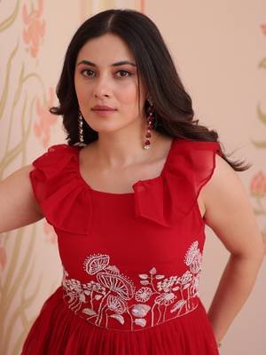 Red Georgette Embroidered Beads Party Wear Gown 6