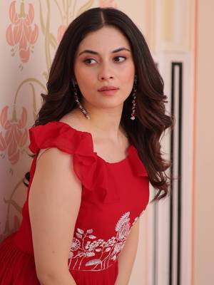 Red Georgette Embroidered Beads Party Wear Gown 7