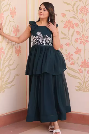Charming Rama Blue Beads Work Georgette Designer Gown