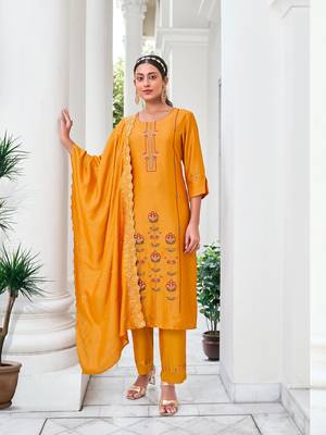 Yellow embroidered viscose silk salwar suit 1