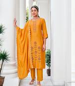 Yellow embroidered viscose silk salwar suit