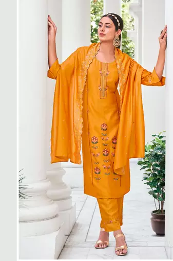 Yellow embroidered viscose silk salwar suit