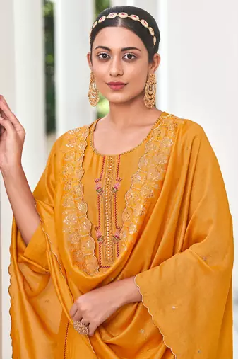 Yellow embroidered viscose silk salwar suit