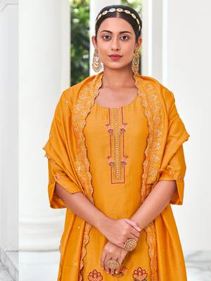 Yellow embroidered viscose silk salwar suit 4