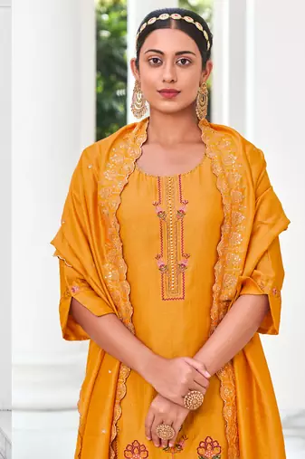 Yellow embroidered viscose silk salwar suit