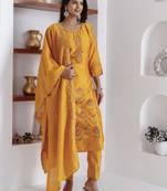 Yellow embroidered viscose silk salwar suit