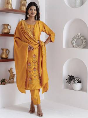 Yellow embroidered viscose silk salwar suit 2