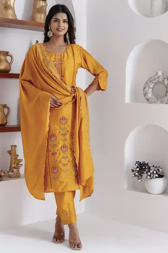 Yellow embroidered viscose silk salwar suit