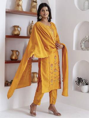 Yellow embroidered viscose silk salwar suit 3