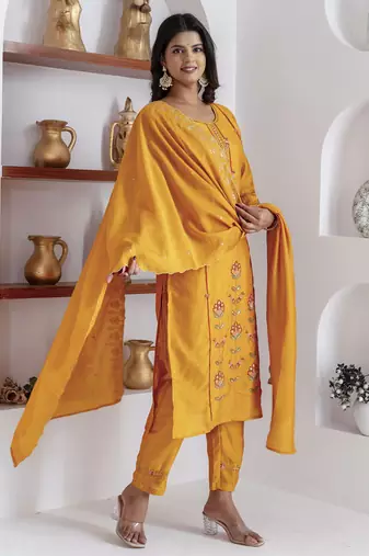 Yellow embroidered viscose silk salwar suit