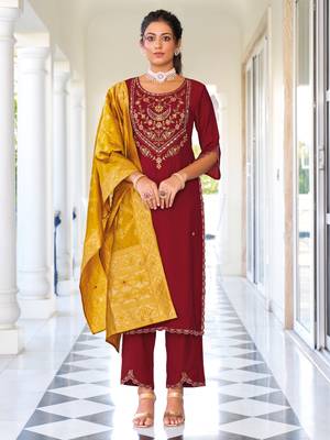 Maroon embroidered viscose silk salwar suit 1