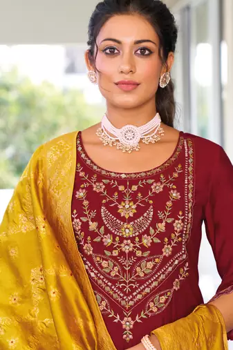Maroon embroidered viscose silk salwar suit