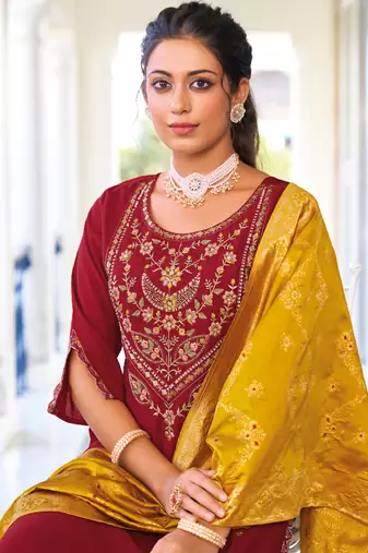 Maroon embroidered viscose silk salwar suit