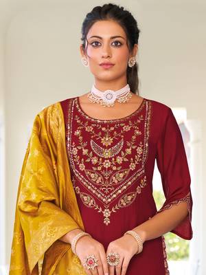 Maroon embroidered viscose silk salwar suit 4