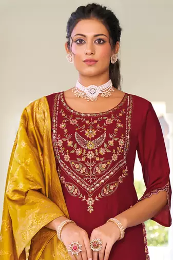 Maroon embroidered viscose silk salwar suit