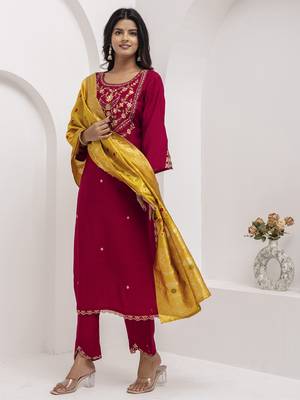 Maroon embroidered viscose silk salwar suit 1