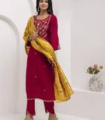 Maroon embroidered viscose silk salwar suit