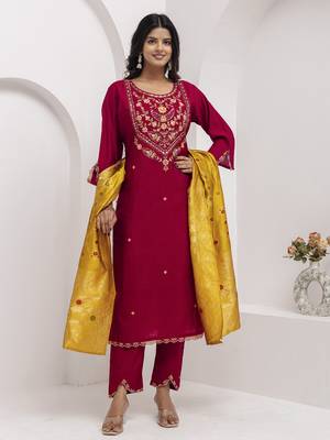 Maroon embroidered viscose silk salwar suit 2